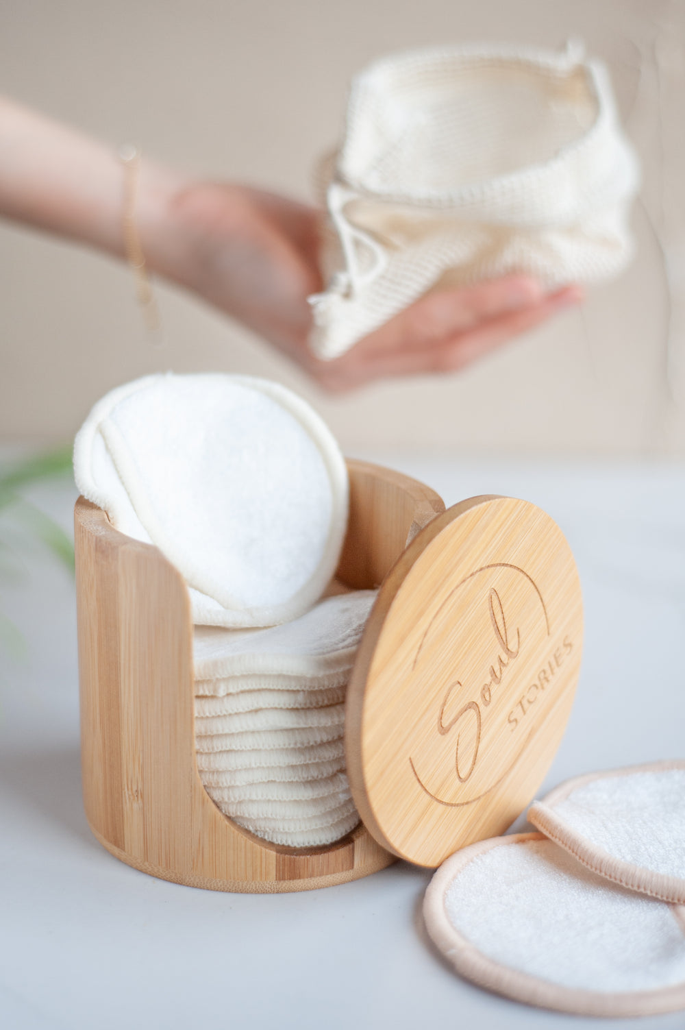 Reusable cotton pads in bamboo holder